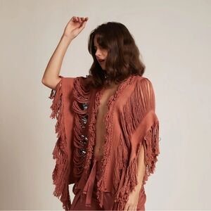 Alejandra RAW Project Handmade Coral Pink Boho Fringe Cotton Kimono Cardigan